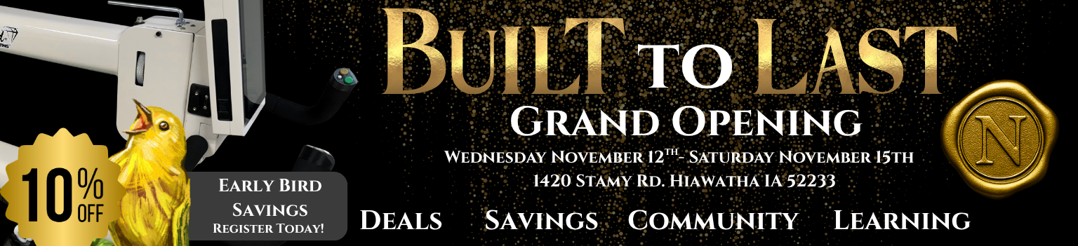 Promotional banner for a grand opening event with text and graphics on a dark background.