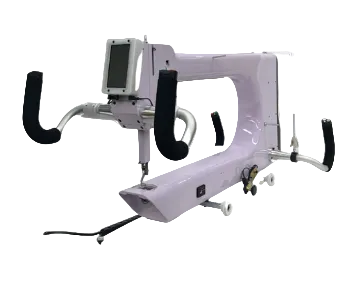 A purple Nolting Elara longarm quilting machine with a front touchscreen and curved handlebars.