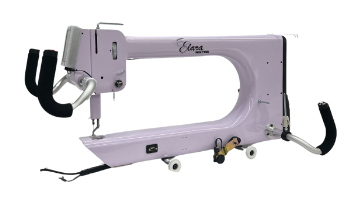 A purple Nolting Elara longarm quilting machine with a front touchscreen and curved handlebars.