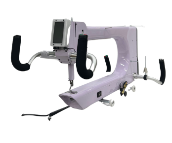 A purple Nolting Elara longarm quilting machine with a front touchscreen and curved handlebars.