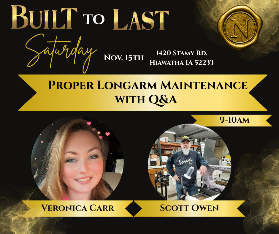 Promotional flyer for a longarm maintenance event with speakers Veronica Carr and Scott Owen.